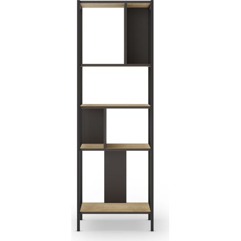Bibliothèque, meuble étagère aspect bois coloris chêne et métal noir - Longueur 58 x Profondeur 35 x Hauteur 175 cm (1/5)