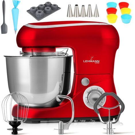 Robot Pâtissier Multifonction 2200 W, Robot Culinaire À Mouvement Planétaire Avec Fouet, Batteur, Crochet, Bol D'acier Inoxydable 5 Litres, 6 Vitesses Et Fonction Pulse, Rouge (1/5)