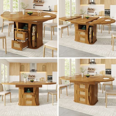 Tavolo da pranzo allungabile con contenitore, 118–158 cm, con cassetti in rattan, in MDF effetto legno, nero/legno naturale/marrone (1/5)