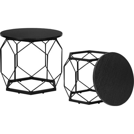 WOLTU Juego de 2 mesas de centro redondas con tablero extraíble en madera y metal, color negro