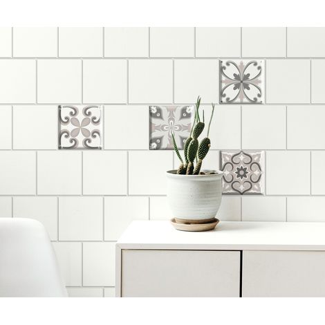 Sticker adhésif carreaux de ciment imitation, 4 pièces, 15 cm X 15 cm, style ancien, rose et gris, pour homestaging et décoration intérieure. (1/5)