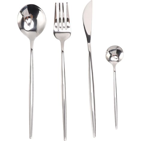 Set aus 4 hochglanzpolierten Silberbesteckteilen für Restaurant und Haushalt, glänzende Messer und Geschirr.