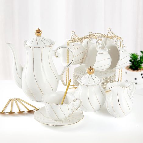 Service à thé en porcelaine blanche pour tasses à thécafé de style britannique avec bordure dorée, beau service à thé femme, (1/5)