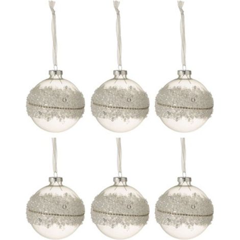 Lot de 6 Boules de Noël "Glace" 8cm Blanc & Argent