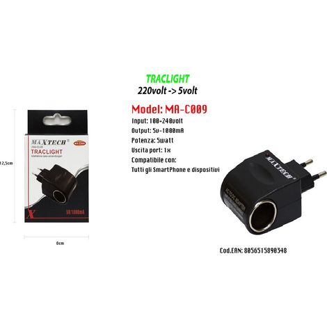 TRADE SHOP - Adattatore Accendisigari Da Auto Casa Ricarica Smartphone Dispositivi 5v-1000ma Maxtech Ma-c009 -