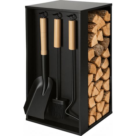 TolleTour Kaminholzregal mit 3-teiligem Kaminbesteck, 54 × 29 × 29 cm, 54 × 23 cm Holzfach, Werkzeuge mit Holzgriffen, Schwarz (1/5)