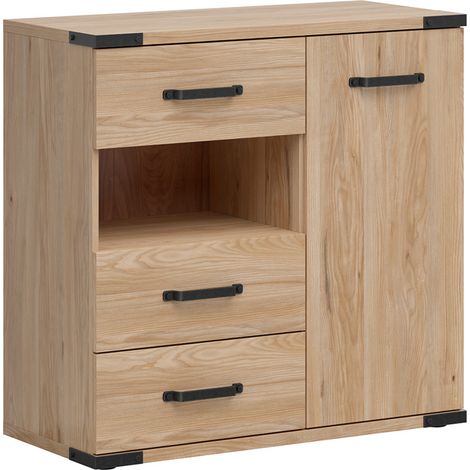Commode meuble de rangement 1 porte et 3 tiroirs coloris Frêne / Noir - Longueur 90 x Profondeur 40 x Hauteur 88 cm (1/5)