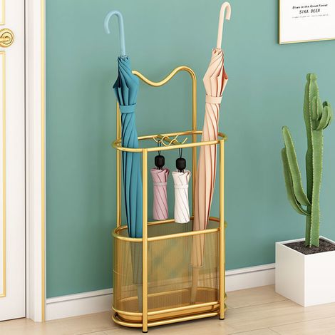 Portaombrelli in ferro con vassoio raccogli-acqua, rettangolare, Cestino in Design Mesh Porta-Bastoni Con 4 ganci, supporto per ombrelli e bastoni da passeggio, Entrata - Oro (1/5)