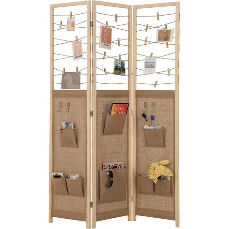 GOPLUS Paravent Interieur 3 Panneaux en Faux Lin avec 8 Poches, 4 Crochets, Cordes en Jute et 20 Pinces en Bambou, Cloison de Séparation Pliable, pour Maison, Bureau (120x170CM,Naturel Clips) (1/5)