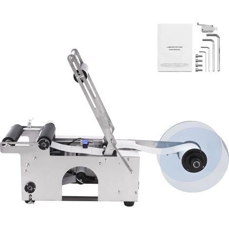 Étiqueteuse semi-automatique pour bouteilles rondes, 20-50 pièces/min, applicateur électrique, diamètre 2-12 cm, avec barre de pressage. (1/5)