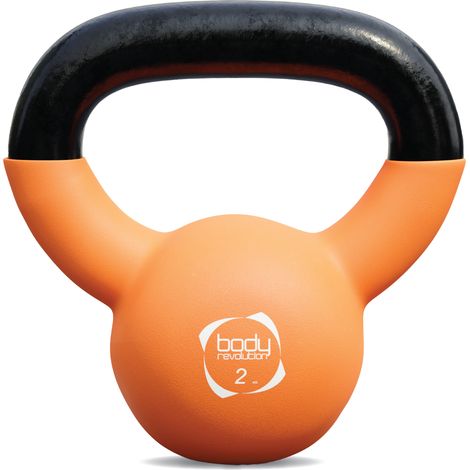 Kettlebell 2kg arancione con base piatta e manico ergonomico.