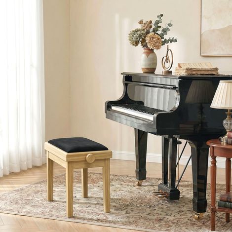 Banc de Piano, Tabouret Piano Réglable en Hauteur 45-56 cm, Banc de Clavier, Siège Rembourré en Velours, Bois Naturel (1/5)