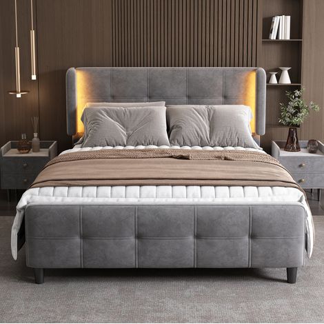 Cama doble tapizada 140x200 cm moderna en terciopelo gris, cabecero regulable, LED 16 colores, somier de láminas (1/5)
