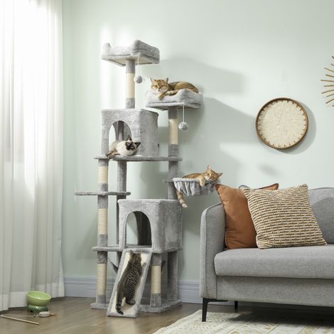 Arbre à chat tour de jeux pour chat 3 platesformes 2 niches 2 lits 2 hamacs 1 échelle hauteur 177 cm gris clair