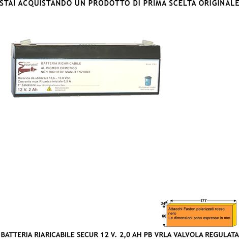 Batteria Ricaricabile al Piombo 12 V 2,0 Ah Collegamento Tramite 2 Faston 5 mm Ermetica VRLA Regolata da Valvola Polarizzati Caricata 3 Cicli C/S Selezionata da Securvera Non Necessita di Manutenzione (1/3)