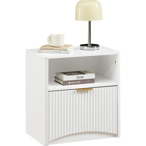 Table de chevet à rainures avec grande niche ouverte, tiroir silencieux, poignées dorées et angles arrondis, meuble compact blanc pour chambre ou salon CHICFURN (1/5)