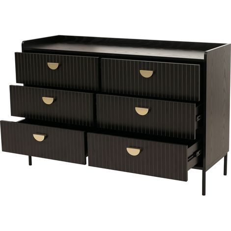 Cómoda HHG-634, mueble alto, 6 cajones melamina MDF 80x120x44cm, aspecto madera negro