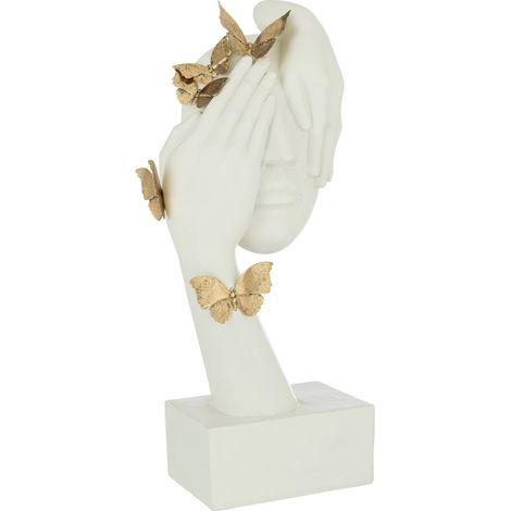 Sculpture visage papillon doré sur socle blanc décoratif - Blanc avec papillons dorés (1/2)