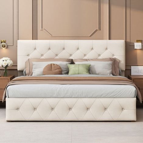 Cama Doble 140x200 - Cofre Hidráulico Silencioso - Terciopelo Albaricoque - Diseño Moderno - 2 Plazas