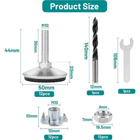 lalago 12 Pieds de Meuble Réglables, Pieds de Table en Métal M10×30 mm, Pieds de Table Ajustables en Hauteur, Pieds de Table avec Vis de Réglage pour Les Jambes de Meuble
