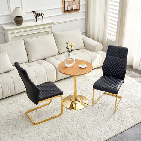 Ensemble table ronde 60 cm en MDF effet bois et 2 chaises noires, pied métal doré (1/5)