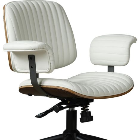 Sedia da ufficio ergonomica in pelle PU beige con ruote e braccioli in legno (1/5)