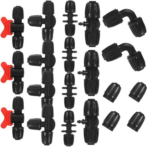Raccords pour système d'irrigation : 40 raccords coudés pour tuyau d'arrosage, en plastique noir, pour la distribution d'eau en extérieur. (1/5)