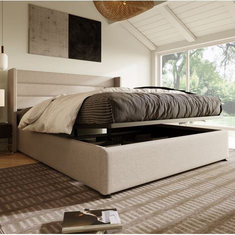 Lit coffre moderne 140x200 cm en lin beige, tête de lit rembourrée, sommier relevable avec rangement (1/5)