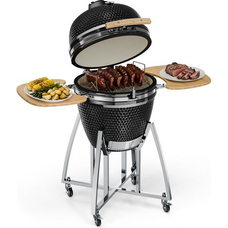 Klarstein Kamado-Grill - zum Grillen, langsamen Garen, Smoken oder Backen, abnehmbare Seitenteile, Keramik, Edelstahl, Bambus, Thermometer von 0-400 °C, 3 Rollen, 75 x 132 x 125 cm, schwarz (1/5)