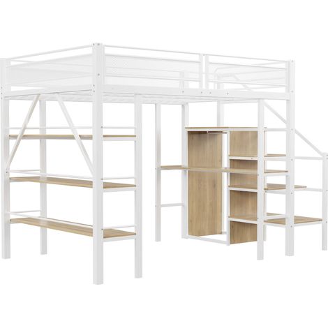 Lit mezzanine 140 x 200 cm en métal blanc avec bureau, armoire, étagères et escalier de rangement (1/5)