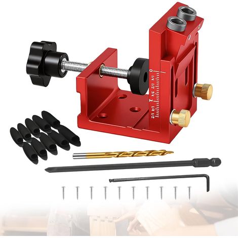 Kit De Gabarit De Trou De Poche: Adjustable Kit D'outils De Gabarit De Percage Oblique, Positionneur De Trou Oblique Avec Mèche De φ9mm, Ajustable Guide De Percage Pour Travail Du Bois (Rouge) (1/5)