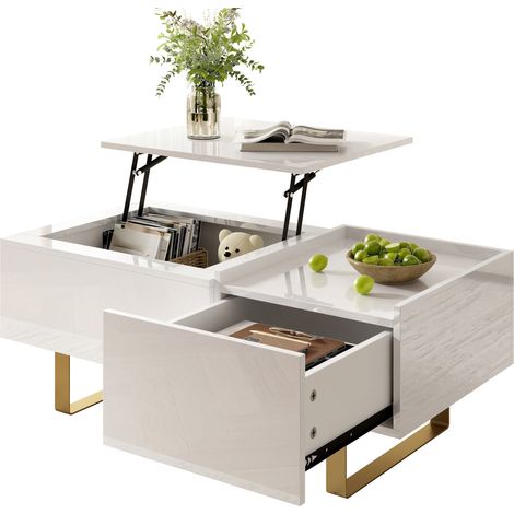 Höhenverstellbarer Couchtisch, Stauraum-Couchtisch aus MDF mit Hochglanzoberfläche, Couchtisch mit Schublade und Eisenfüßen, moderner Wohnzimmertisch (1/5)
