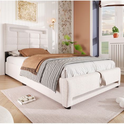 Letto imbottito moderno 90x200 cm in lino beige, con testiera quadrata, LED 16 colori APP, vano contenitore idraulico e USB (1/5)