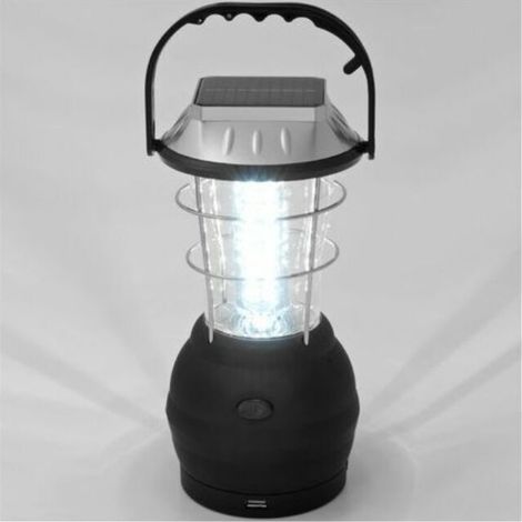 Lampe de camping solaire rechargeable 36 LED - lanterne avec câble USB et crochet panneau solaire chargeur USB socle rond (1/5)