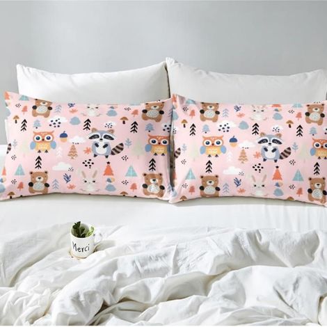 1 Ensemble de literie, motifs animaux mignons, housse de couette 240x260cm, imprimé ours lapin écureuil hibou, pour chambre fille (1/4)