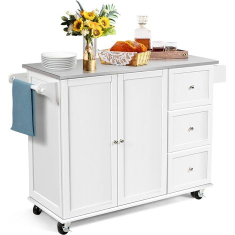 Pour cuisine et salle à manger, rangement pratique avec desserte mobile blanche, 3 tiroirs, placard et 5 roulettes (1/5)