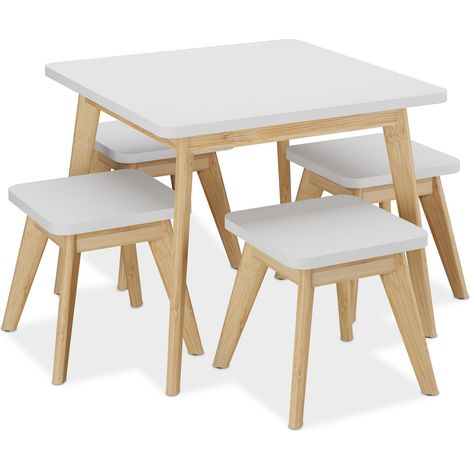 Relaxdays Tavolino da Bambini con Sedie per Cameretta, Tavolo da Gioco 4 Posti, Bambù e MDF, 49x60x60 cm, Marrone Bianco