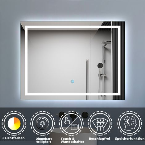 LED Badspiegel mit Beleuchtung 80x60cm Badezimmer Spiegel mit 3 Lichtfarbe Dimmbar Beschlagfrei Speicherfunktion (1/5)