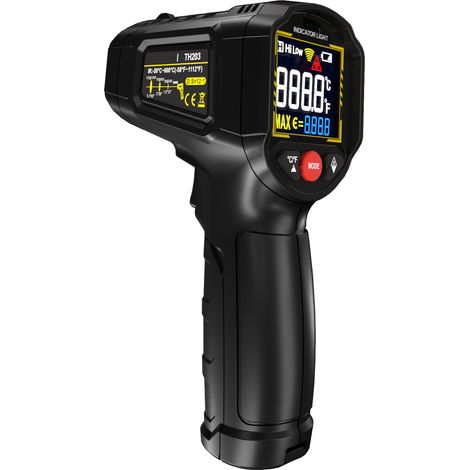 Thermomètre infrarouge sans contact, pistolet mesure température -50°C à 600°C, émissivité réglable, rapport distance/spot 12:1, écran VA rétroéclairé, alarme haut/bas, maintien données, arrêt auto, n (1/5)