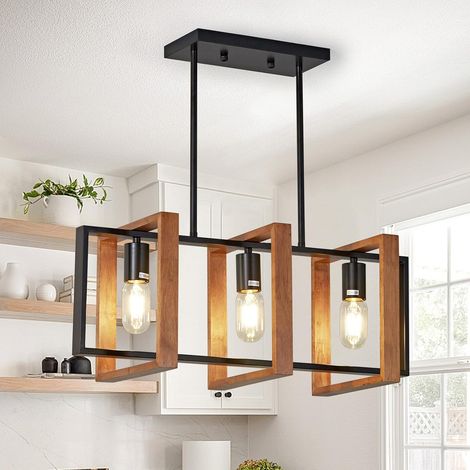 1 Lustre,3 Têtes,Luminaire Bois,Métal Noir,Hauteur Réglable,Salle À Manger,Billard (1/5)