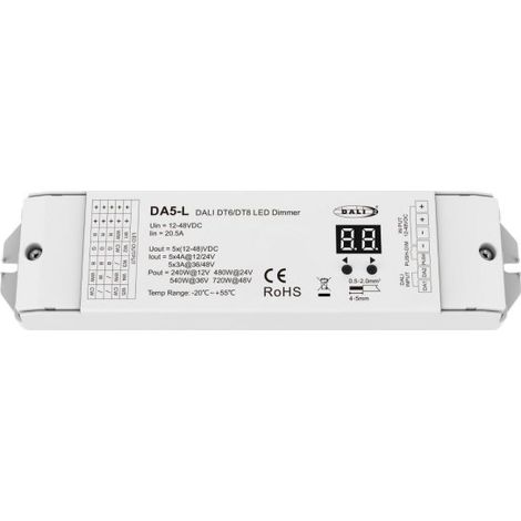Dimmer DALI 5 Canali, 5X4A@12V/24V, 5X3A@36V/48V, Dimmerabile Con Pulsante NO, Push Dim, DALI-2, PWM, DT6 DT8 per Strisce LED Monocolore CCT RGB RGBW RGB+CCT