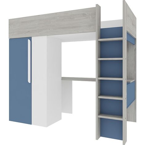 Letto a soppalco 90 x 200 cm con armadio e scrivania Blu e Bianco - NICOLAS