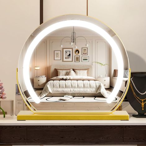 Miroir de maquillage LED - 40 cm - Rotation 360° - Luminosité réglable - Éclairage doré