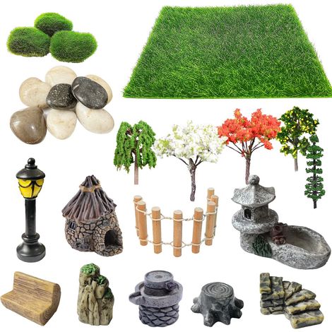 Kit de décoration miniature pour micro-paysage de jardin et terrarium avec pelouse artificielle, mini arbres, mousse, pierres et figurines de maison champêtre (1/5)