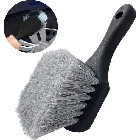 Brosse pour jantes et pneus de voiture – Brosse de lavage auto à poils souples – Nettoie les pneus et élimine la saleté et les résidus de la route – Manche court pour un nettoyage facile – Noire (1/5)