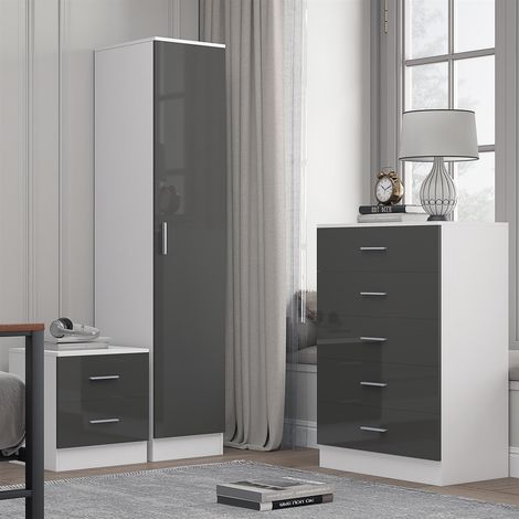 Reflect 1 Door Plain Wardrobe, 5 Drawer Chest, 2 Drawer Bedside - Grey Gloss & Matt White - Bedroom Furniture Set