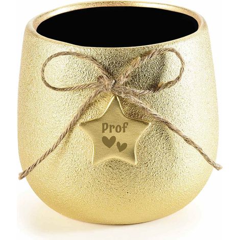 Vasi oro natalizi in ceramica grezza dorata con cordino e stella con scritta Prof, set da 3 pezzi, Ø 13,5 cm x 12,5 H