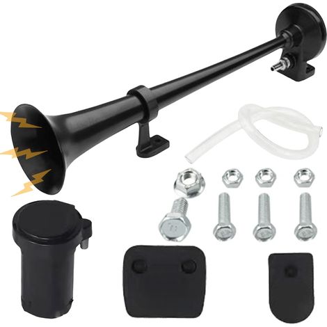Klaxon à air pour camion 12 V AirHorn 128 dB Klaxon à air comprimé pour bateaux, voitures, camions, remorques, camionnettes, motos, trains, Tgv Camion (tube unique noir) (1/5)