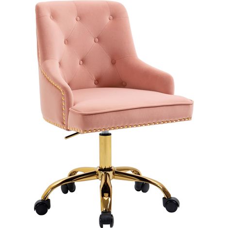 Chaise de Bureau Moderne en Velours Rose - Fauteuil Pivotant pour Coiffeuse/Chambre, Hauteur Réglable, Pieds Dorés (Max 135 kg) (1/5)