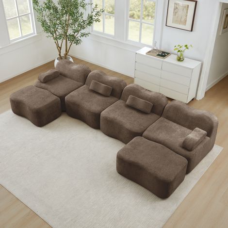 Canapé vague 4 places modulaire marron, sans os, avec 2 poufs, mousse haute densité 32D, accoudoirs coussin amovibles, tissu doux, pour salon